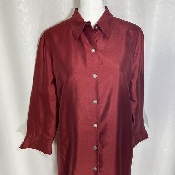 Silkland Women's Medium Red 100% Silk Button Down Lined Long Sleeve Shirt Dress - Picture 2 of 14